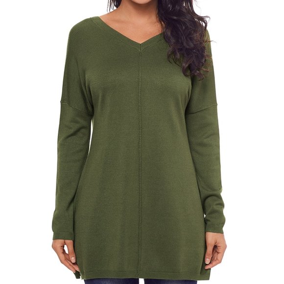 1 BRAND NEW Green Solid Color V Neck Loose Women Sweater - Picture 2 of 3